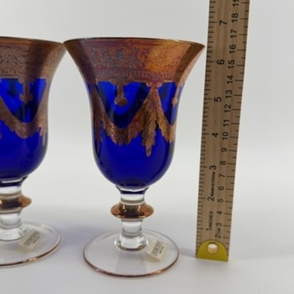 Horchow Set of 2 Cobalt Blue and Gold Gilded Stemware Glasses Made in Italy - Picture 7 of 7